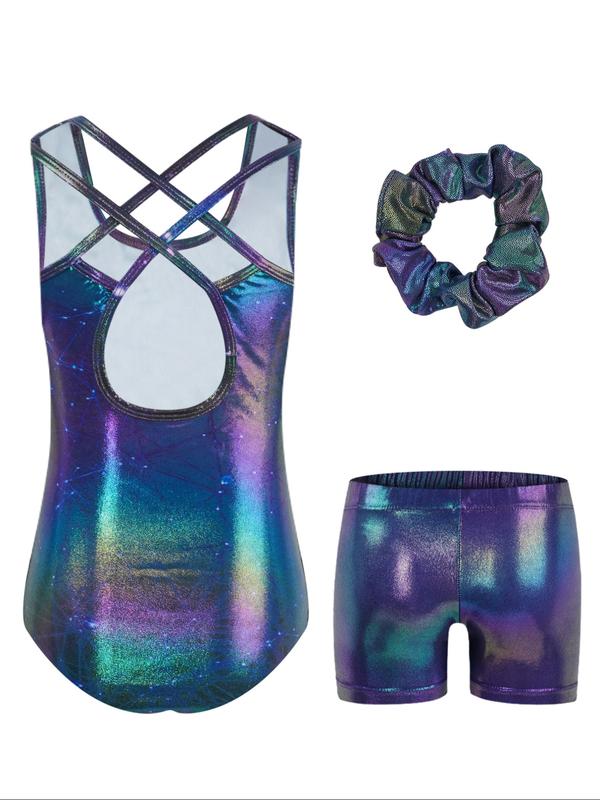 Gymnastics Leotards for Girls with Shorts Set, Kids Gymnastics Athletic Outfit, Crisscross Back Dancewear 3Pcs for Kids 3-12 Years