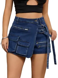 INSPIRE CHIC Women's Denim Skort Zipper Decor Y2K High Waisted Faux Wrap Mini Jean Skirts Dark Blue