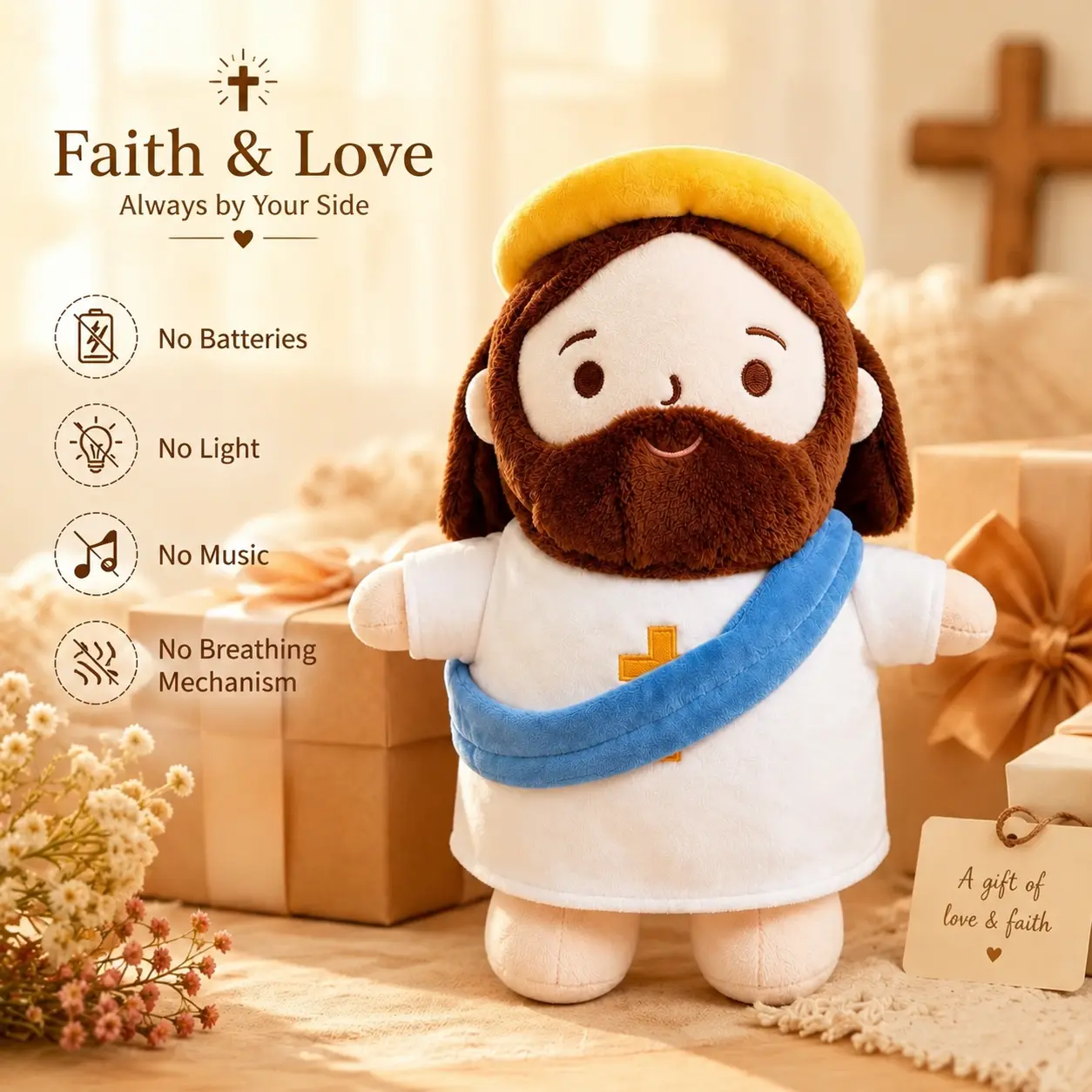 15inch Soft Jesus Plush Doll - Classic Cuddly-Size Jesus Figure with Plush Fabric, Christian Faith Gift, Soothing Religious Home Decor Companion for Kids, Cute Unisex Stuffed Toy for Birthday Gifting