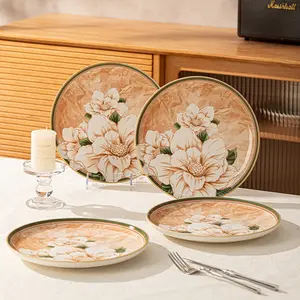 4-Piece Set 10-Inch Ceramic Western Steak Pasta Plates, Dinnerware, Camellia Pattern, Scratch-Resistant Durable, Microwave & Dishwasher Safe, Home Essential