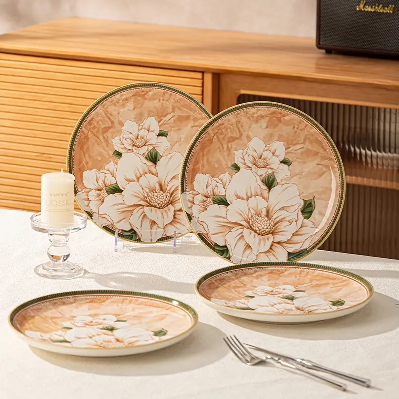 4-Piece Set 10-Inch Ceramic Western Steak Pasta Plates, Dinnerware, Camellia Pattern, Scratch-Resistant Durable, Microwave & Dishwasher Safe, Home Essential