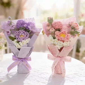 Handmade Knitted Flower Bouquet, Artificial Peony Fake Flowers, Mother's Day Valentine's Christmas Birthday Gift, Wedding Decoration, Artificial Mixed Flower