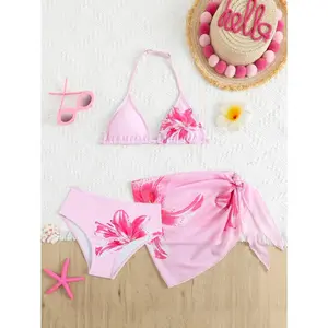Cute floral triangle bikini swimsuit set girls, comes with a gauze skirt (printed pattern is random), girls' swimsuit set, women's swimsuit set, teen top, summer vacation