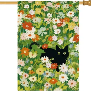 Spring Floral Flower Cat Garden Flag, 12x18 Inch Dual-Sided Polyester Outdoor Yard Flag, Watercolor Print, Multi-Functional Holiday Decoration