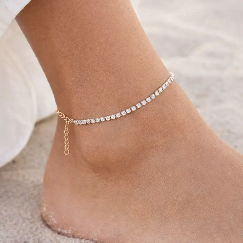 Gold-Plated Tennis Anklet with Sparkling Rhinestones and Adjustable Chain for Women's Fashion