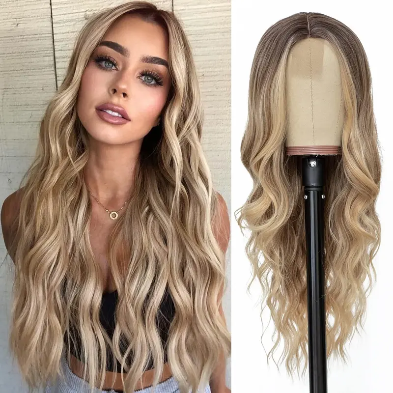 Wiglassic Women's 26-in Thick Blonde Premium Synthetic Full Machine Wig - Soft Curly, Glueless Wavy, Heat Resistant, Natural Looking, Suitable for Daily Use, Weddings, Glueless Wavy Wig