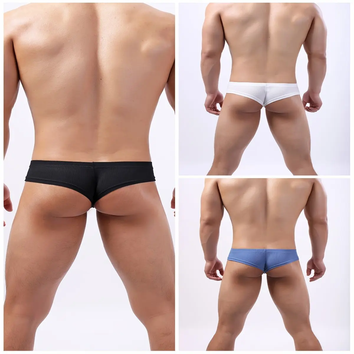 3pcs Men'S Sexy Ribbed Solid Color Flat-Front Thongs - High Elasticity, Breathable & Comfortable for Casual Attire, Assorted Colors (White, Black, Blue), Underwear, Minimalist Highelastic Fabric
