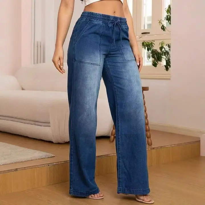 Women's Casual Straight Leg Denim Pants with an Elastic Waist, Simple Streetwear Style with Spliced Pockets in Dark Blue, Lady, Clothes, Outfits, Jeans, Elastic Waist Jeans, Minimalist Chic, Everyday, Essential, Headband, Cotton