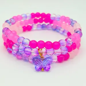 Pink & Purple Butterfly Bracelet Stack Dopamine Jewelry with Beaded Design and Butterfly Charm