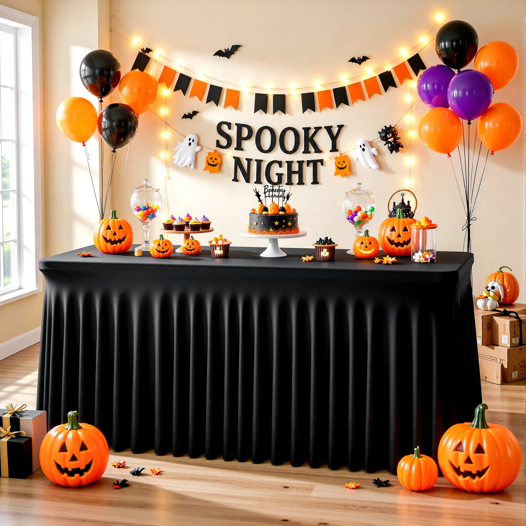 Halloween Party Tablecloth, Wrinkle-Free Flat Spandex Tablecloth for 4/6/8FT Rectangle Table Cover,  Dormitory Elastic Stretchable, Home Supplies, Dormitory, Party Decor & Decoration Holiday Events
