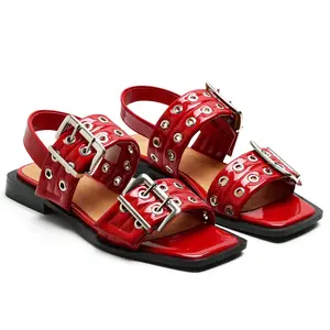 Square Open Toe Studded Buckle Flat Sandals - Women's Punk Style Adjustable Strap Summer Shoes