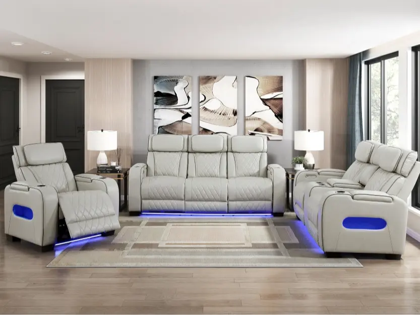 Homelegance 9516TPE-2PWH Fairway Taupe 2-Pc Power Motion Faux Leather Set - Faux Leather Couch, Recliner Loveseat, Breathable, USB-Equipped, LED-Equipped