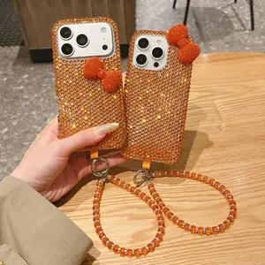 Full Diamond 3D Bow Orange Sparkle Protective Phone Case Cover with Crystal Strap for iPhone 14/15/16/17 Pro/Pro Max Scratch-Resistant Aesthetic Eye-Catching Trendy Accessory