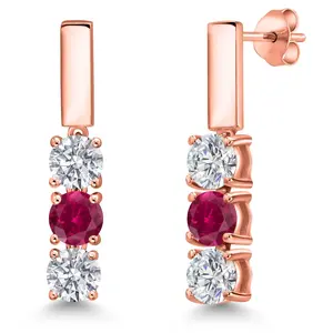 Gem Stone King 18K Rose Gold Plated Silver White Lab Grown Diamond and Red Created Ruby Drop Dangle Earrings For Women | 1.60 Cttw | Gemstone April Birthstone | Round 5MM