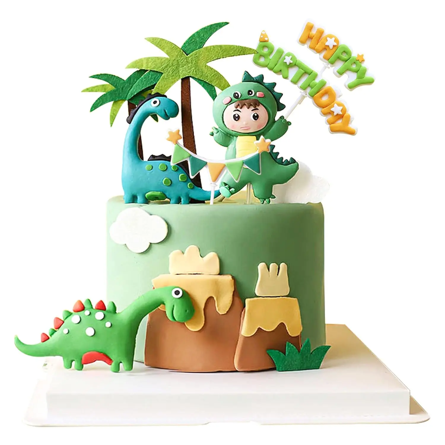 P-PSD024 9pcs Dino Set, Dinosaur Cake & Cupcake Toppers with Star Inserts, Kids Birthday & Baby Shower Festive Party Supplies