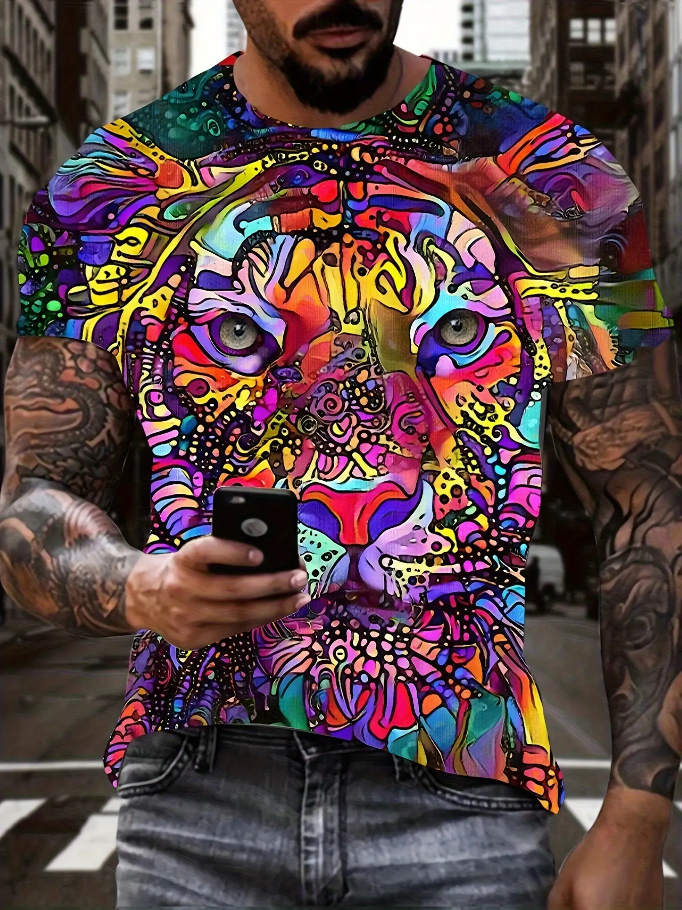 Men's 3D tiger print graphics short-sleeved T-shirt, Menswear, bright high-definition color design, breathable summer casual Streetwear style, regular fit round neck, digital heat transfer technology, suitable for parties