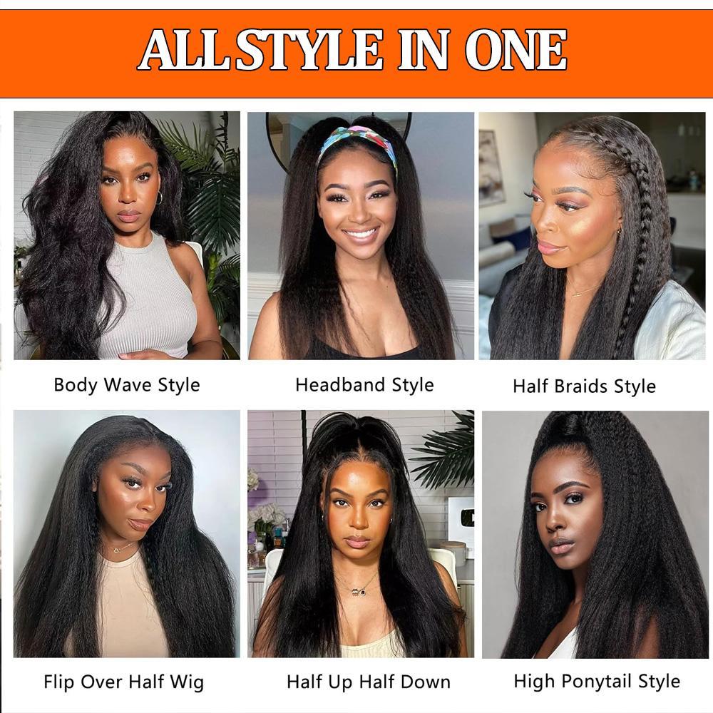 MYLOCKME Half Wig Deep Wave 3 IN 1 Human Hair Glueless Deep Wave Wig Machine Made Clip-in Upgrade 200% Kinky Straight Invisiable Flip Drawstring Wig