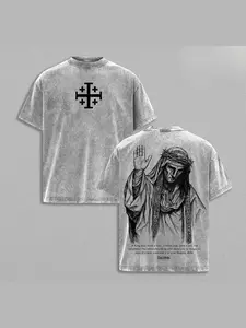 Vintage Washed Double Sided Jerusalem Cross Jesus Crown Of Thorns Graphic Tee,Oversized Christian Faith Shirt,Y2K Religious Streetwear Short Sleeve For Believers Unisex Relaxed Fit Stylish Menswear