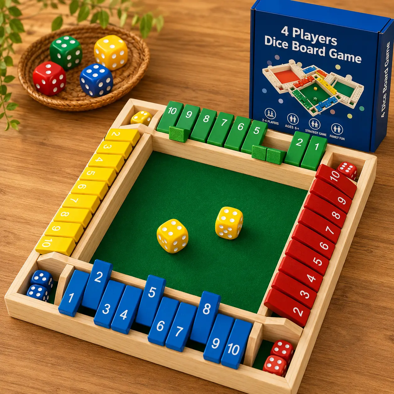 4-Player Flip & Roll Dice Challenge Board - Wooden Game for Family Fun Educational Portable Ideal for All Ages Perfect Gift for Game Nights Tablegame, Family Board Games, Durable