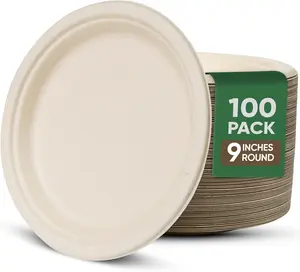 100 Pack 9” Compostable Paper Plates – Heavy Duty Disposable Plates, Eco-Friendly, Microwave Safe, Oil & Water Resistant, Durable Party Dinnerware for BBQ, Picnic, Events