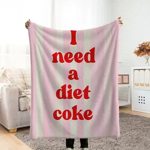Girls’ Pink and White Striped Fleece Blanket with Diet Coke Text Food Themed Blanket - Soft All-Season Cozy Throw, Thick Faux Fur Blanket, Bedroom Layering Blanket, Couple Memorial Blanket, Extra Large Double Blank
