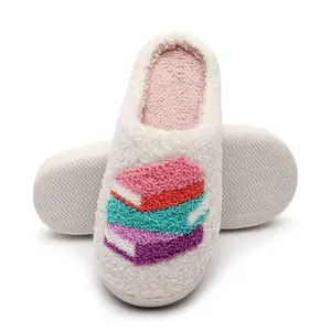 Soft Plush Cotton House Slippers for Couples Anti-Slip Indoor Book Shoes Warm Cozy for Autumn Winter Footwear Women Book Pastry Design Fluffy Plush Material,
