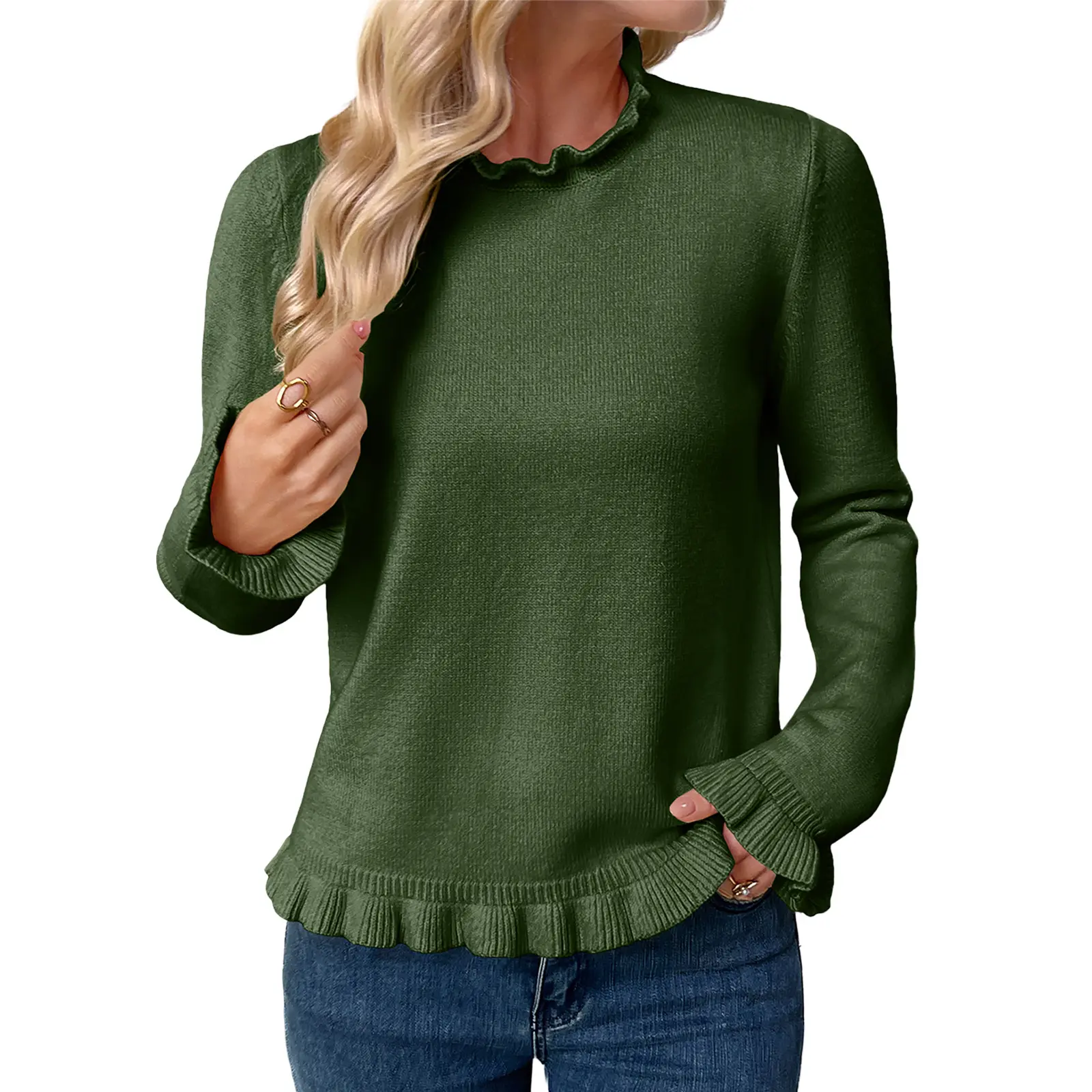 EVALESS Women's Chic Long-Sleeve Ruffled Knitwear Piece, Stylish Summer Outfit Deal, Style, Longsleeves, Tops, Cold Wash
