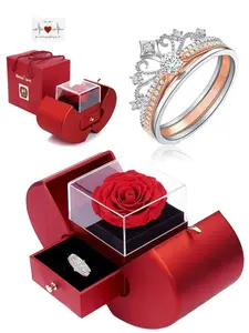 Valentine's Day Gift - Fireworks Castle Ring, Princess Sparkling Diamond Crown Ring, Adjustable Rose Gold Dual Layer Ring, Engagement Ring Set + Eternal Flower Box, Everlasting Flower Box