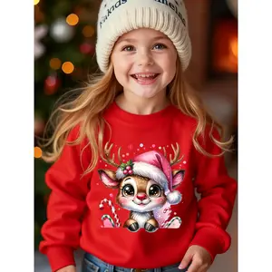 Girls' Winter Flocked Christmas Sweater Jacket - Reindeer & Snowflake Print Long Sleeve Cardigan, Cozy Loose-Fit Round Neck Sweatsuit for Xmas Parties, & Family Gatherings ( to), Cotton