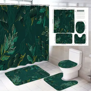 1/4pcs Spring Green & Yellow Leaf Botanical Bathroom Set - Shower Curtain Sets, 2 Bath Mats, Toilet Seat Cover, Nature-Inspired Decor for Easter, Spring Festival, Fresh Home Decor, Bathroom Decoration Accessories