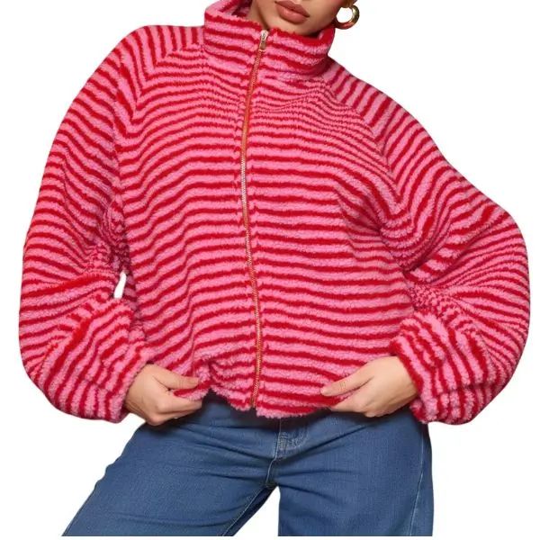 Fisoew Women's Horizontal Striped Sherpa Fleece Jacket, Full Zip Stand Collar Oversized Balloon Sleeve Cropped Teddy Fuzzy Outerwear Coat