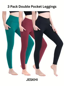 3 Pack Women's Double Pocket Leggings with Tummy Control & Rear Lifting - Breathable Seamless Soft Comfy Skinny Pants for Workout & Fitness
