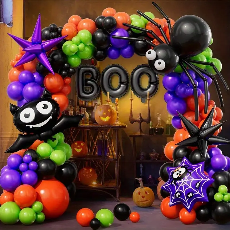 164-Piece Deluxe Halloween Balloon Arch Kit - Vibrant Emulsion Eyeball, Star, BOO Foil Balloons in Black, Orange, Green, Purple for Spooky Halloween Party Decorations, Mardi Gras, Prom, and Themed Events - Suitable for 14+ Years Old