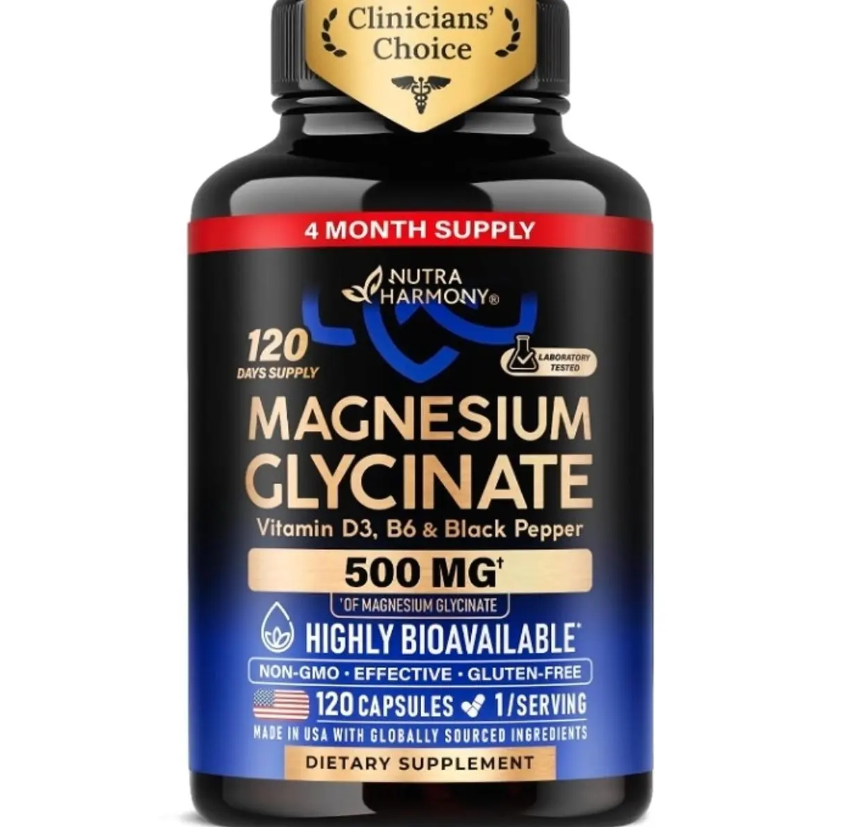 Magnesium Glycinate 500mg - VIT. B6 & D3 - Sleep, Muscle & Heart - 120 Caps | Magnesium Bisglycinate - Chelated High Absorption with Black Pepper - Magnesium for Women & Men - Lab Tested & Non-GMO