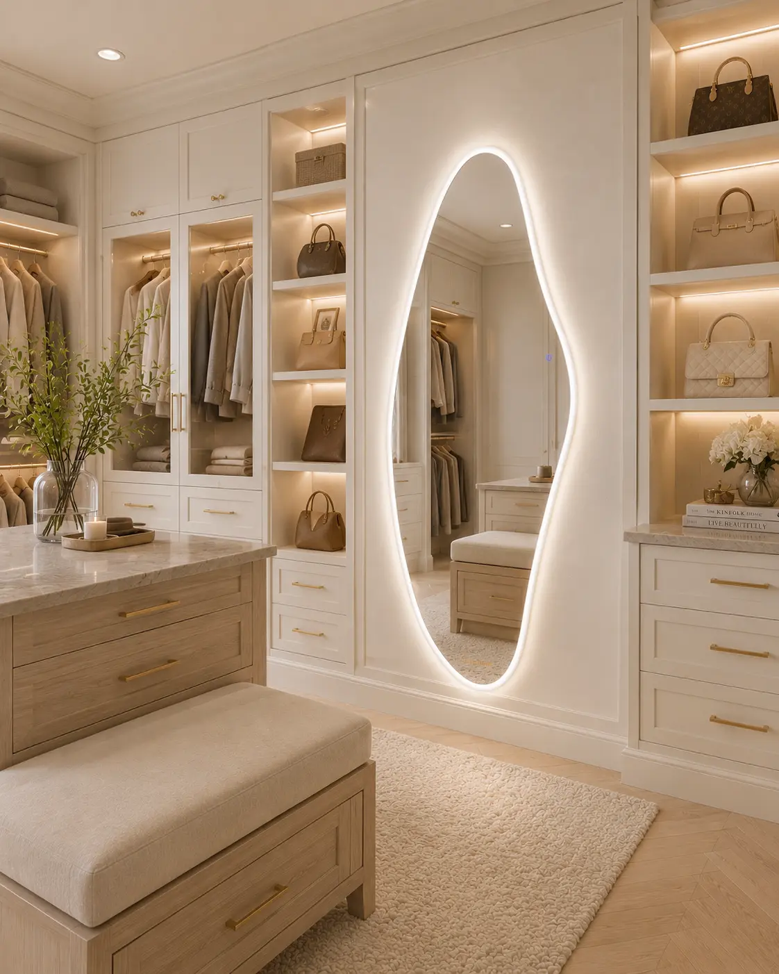 65" x 25" Irregular Organic LED Full Length Wall Mirror, Wavy Asymmetrical Tempered Glass Dressing Mirror with 3 Color Lighting and Touch Control for Bedroom Closet Entryway