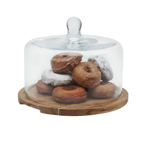 Libbey Acacia Wood Cake Stand with Lid, Ball Top Handle Cake Holder with Lid, Covered Pastry Holder, Durable Glass Dome Cover