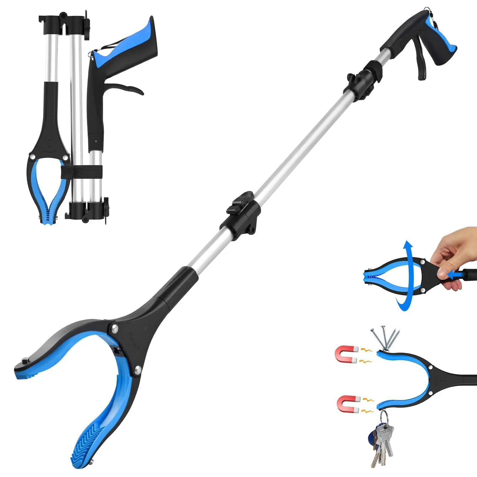 36 Inch Blue Grabber Reacher Tool, Foldable Heavy Duty Pickup Tool with Anti-Slip 360° Rotating Jaw and Magnetic Tip for Seniors and Post-Surgery Recovery