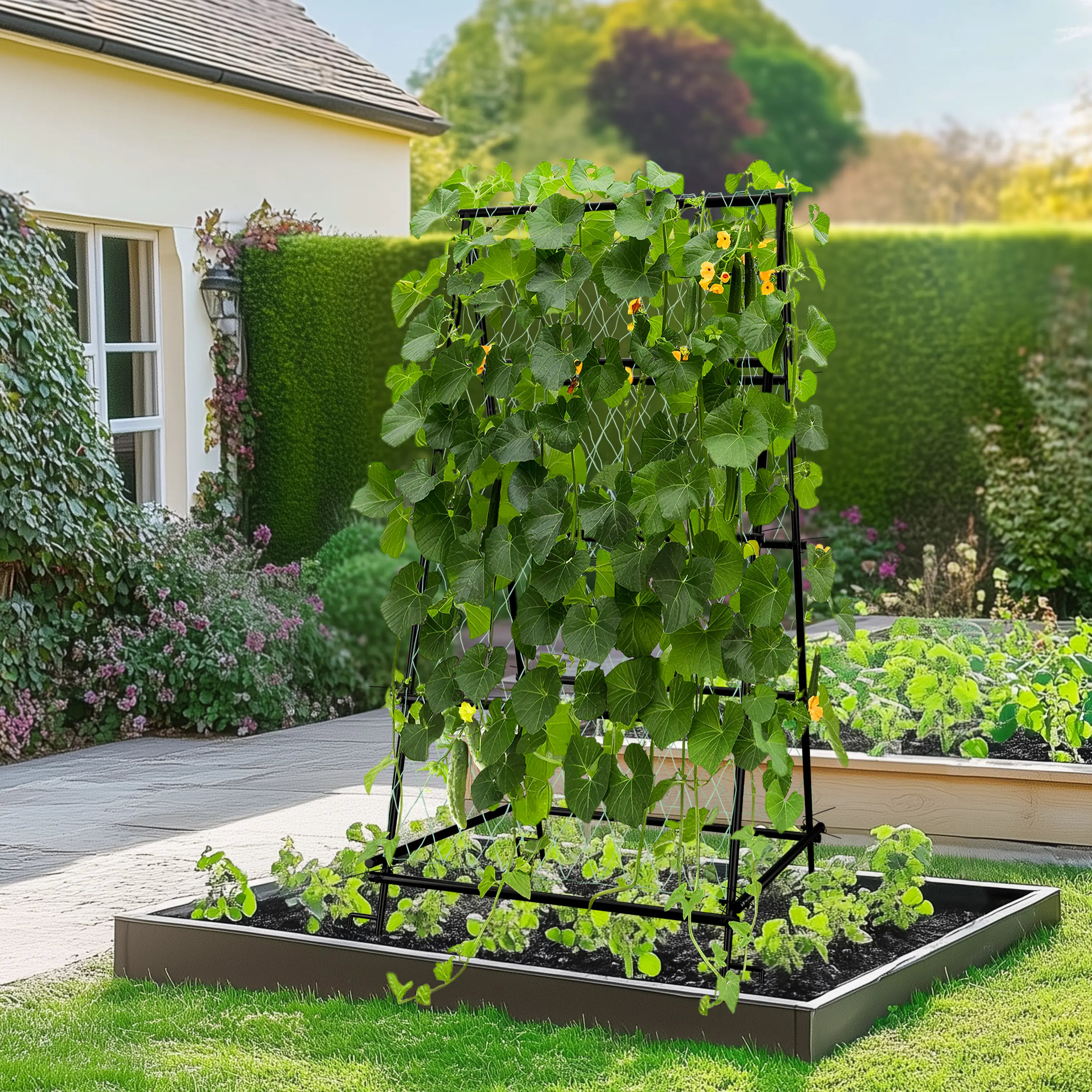 Garden Trellis for Climbing Plants with Tough Nylon Netting, 6ft Tall Sturdy Rustproof Metal Plant Support Tower for Vegetable Fruit Vine Cucumber Garden Lightweight，Outdoor
