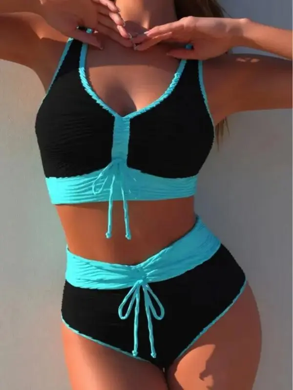 2026  Plus Size Sports Style Two-Tone Two-Piece Women's Swimsuit - Drawstring Top with High-Waist Bikini Shorts (1XL-5XL) Plus Size Curve-Friendly Slimming Swimsuit Plus Size Essential Swimwear - SummerVibes Halter Ruched Tummy Control Swimsuit beach