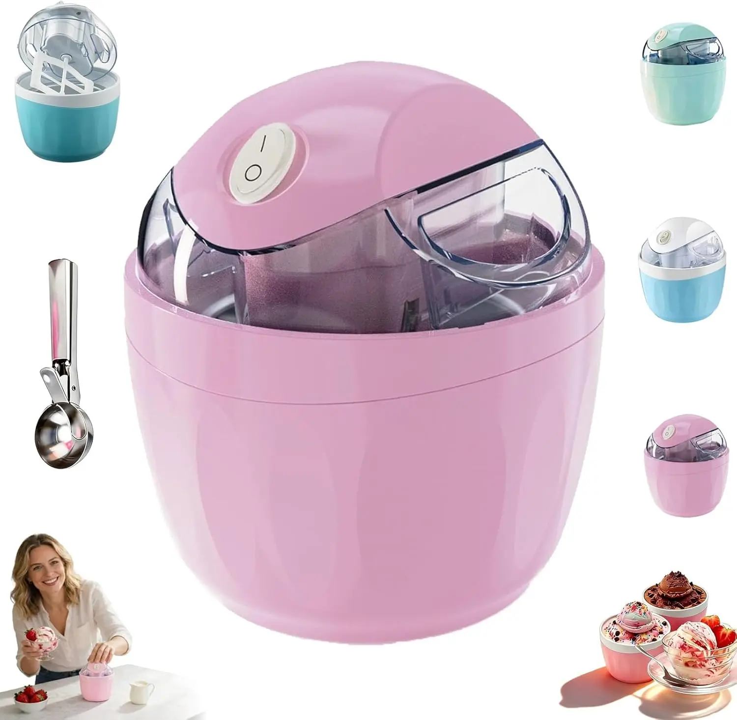Personal Mini Ice Cream Maker for Home Use DIY Single-Serve Frozen Yogurt Sorbet Gelato Maker Pink Freezer Bowl