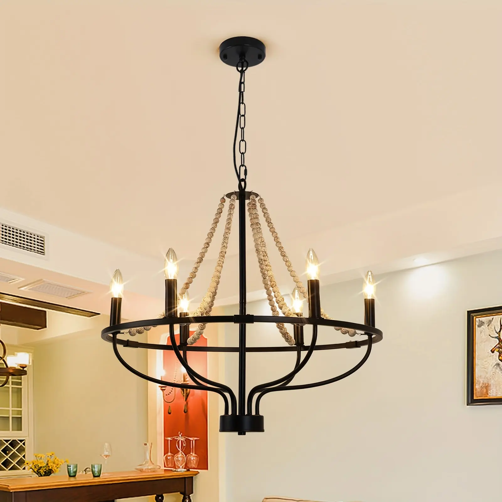 Black 6-Light Round Wheel Vintage Wood Bead Chandelier - Adjustable Height Modern French Farmhouse Incandescent Indoor Lamp for Home Interior Decoration (Kitchen, Dining Room), Design