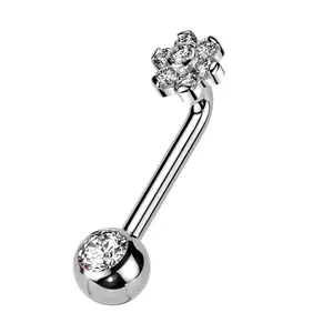Internally Threaded CZ Crystal Flower Top VCH Piercing L-Bend Barbell - ASTM F-136 Implant Grade Titanium