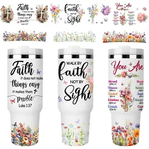 UV DTF Cup Wrap - 3 Set  UV DTF Cup Wrap for 40 oz Tumbler, Inspirational Cross Faith Uvdtf Decals, Flower Butterfly  Rub on Transfer Stickers for Glass