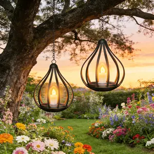 Solar Garden Lights Outdoor, 2/4 Pack Metal Solar Water Drop Shape Candle Lantern 2026 New Design with Flickering Effect & Reflective Patterns, Auto On/Off, IP65 Waterproof, 20.5 CM × 15.5CM,Outdoor Solar Powered Lights for Garden, Patio, Pathway