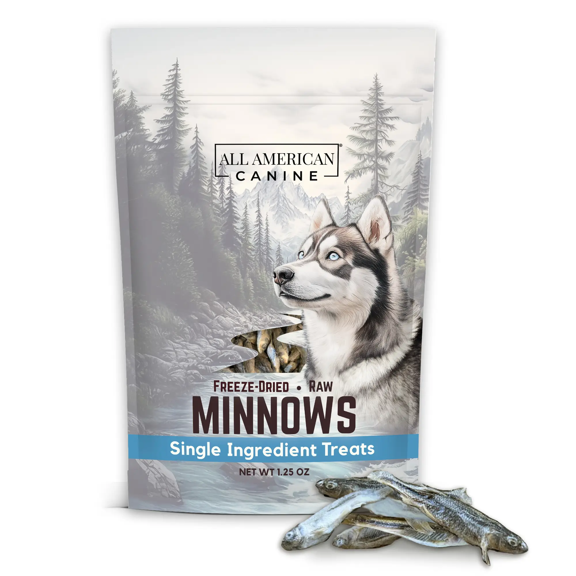 Freeze Dried Minnows Single ingredient treat snack 1.25 Oz. USA Farmed Raised Protein dog treats (Not Salmon)