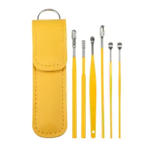 VOCOSTE 6Pcs Stainless Steel Ear Cleaning Tool Set, Ear Cleaner Ear Care Set, with Faux Leather Packaging, Yellow