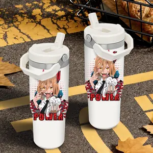 Anime C-Chainsaw Man Vacuum Flasks 30oz Stainless Steel Flip Straw Tumbler with Handle - Leakproof Twist Lid Vacuum Insulated Travel Mug - BPA Free Reusable Water Bottle for Gym Work and Travel - Fits Car Cup Holders