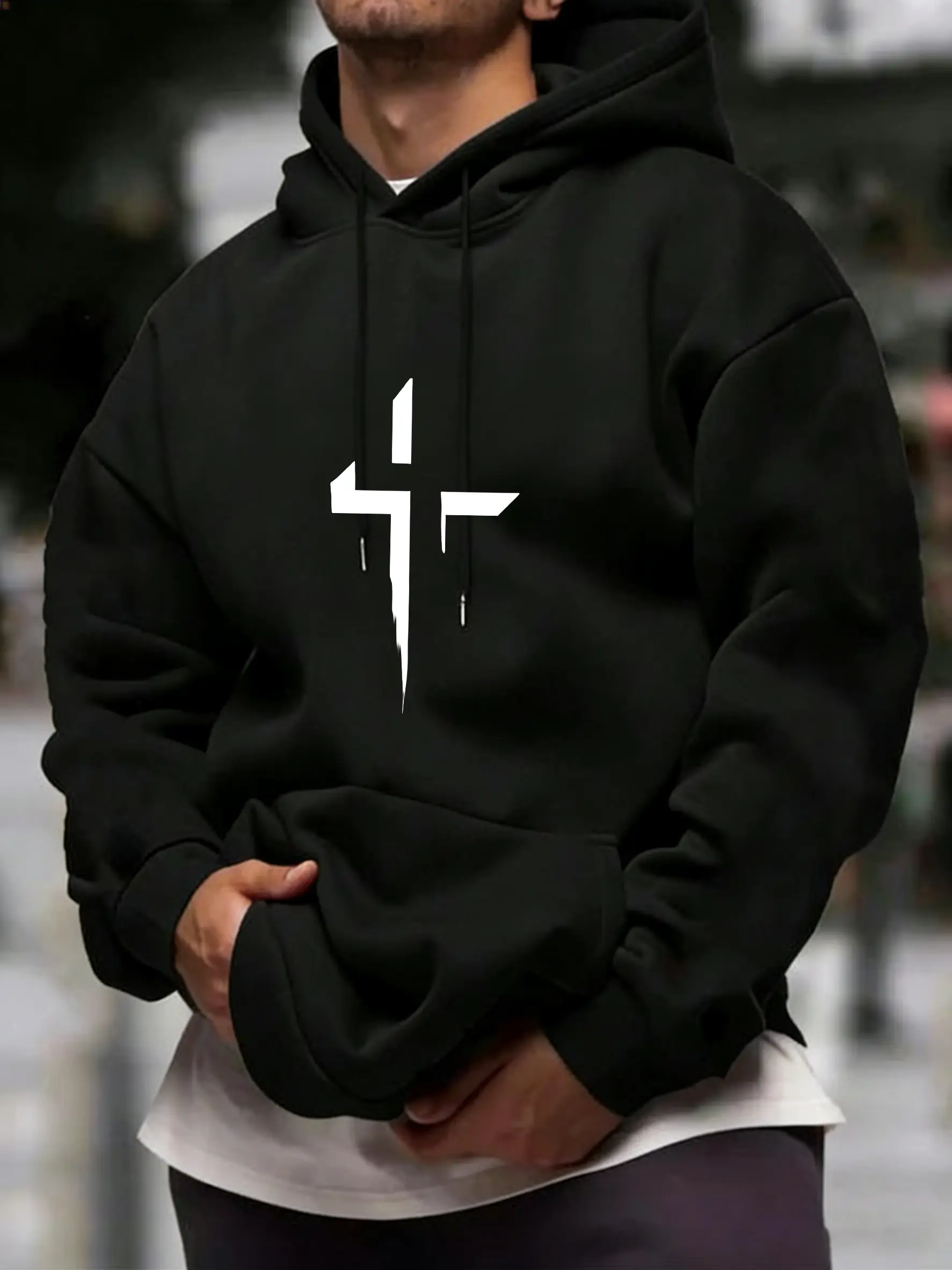 Minimalist Cross Print Hoodie Men’s Soft Pullover Sweatshirt for Streetwear, Urban Casual, Everyday Essentials & Modern Faith Style