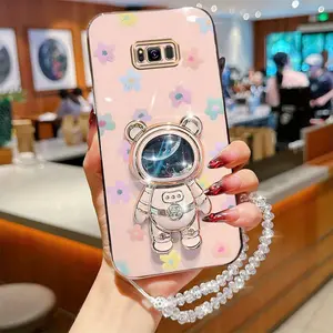 S8+ Durable Plating Crystal Jewelry Strap Lanyard Protective Phone Holder Case Protector For Compatible With Samsung Galaxy S8 Plus Colorful Flower Quicksand Astronaut Bear Stand Cover