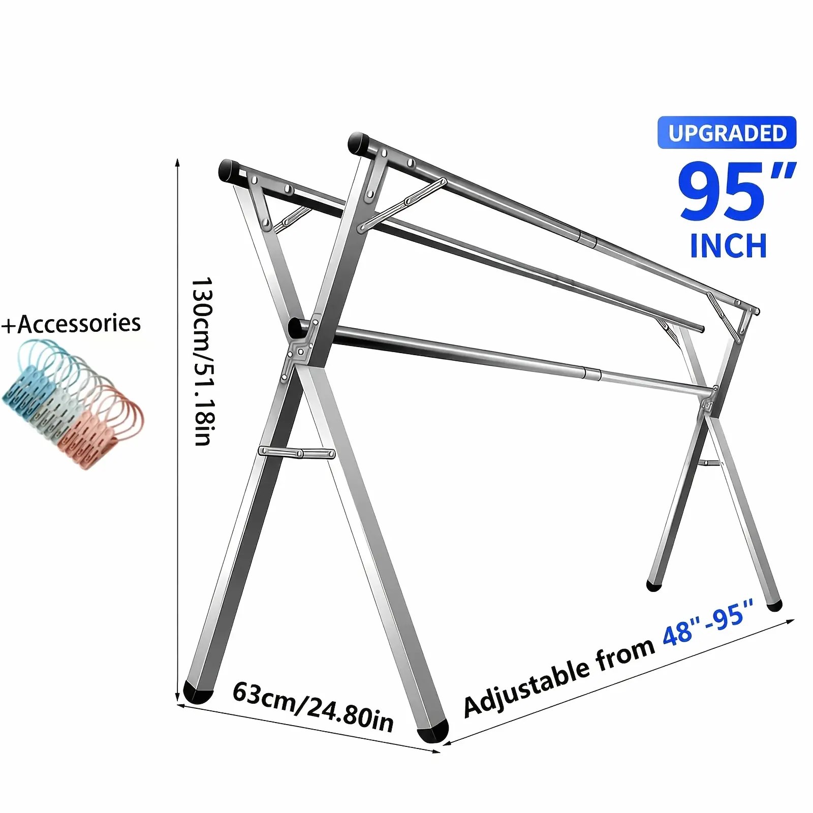 Multifunctional clothes rack, available in three sizes: 63inch, 78.7inch, and 95inch, suitable for both indoor and outdoor use. This durable metal clothes rack is foldable and comes with heavy-duty stainless steel clothesline